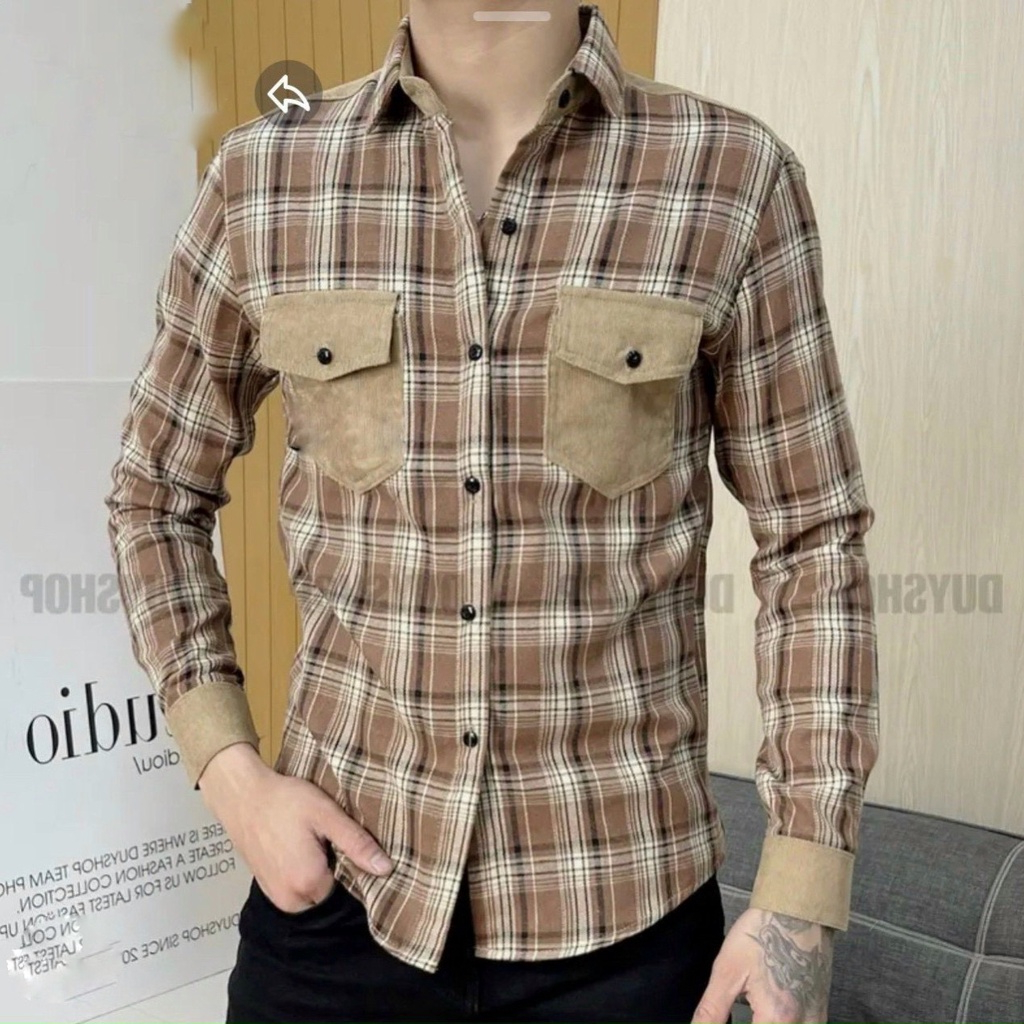 Áo sơ mi nam dài tay họa tiết caro có 2 túi trước chất dày dặn cao cấp chống nhăn form body Hàn Quốc MS24