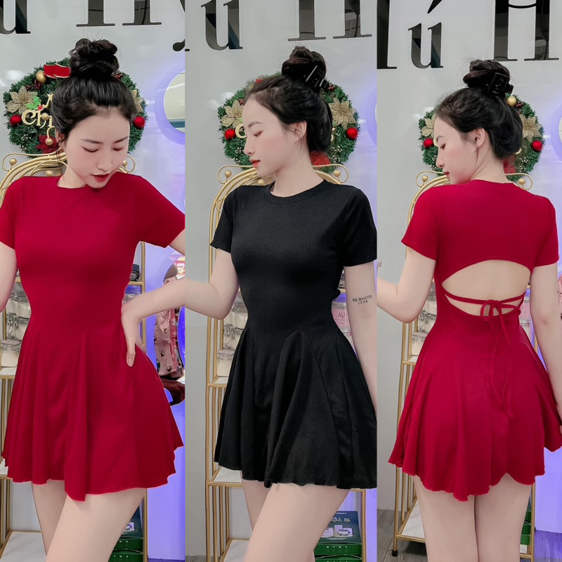 Đầm Đắp Cắt Vạt Dáng Xoè Tay Ngắn Khoét Lưng Thắt Dây