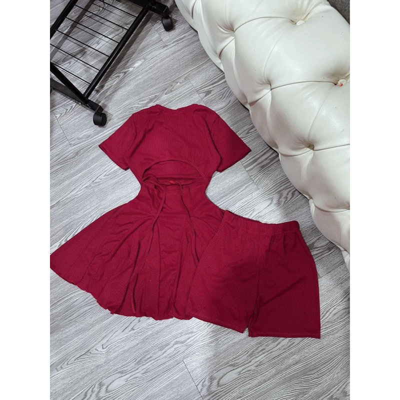 Đầm Đắp Cắt Vạt Dáng Xoè Tay Ngắn Khoét Lưng Thắt Dây