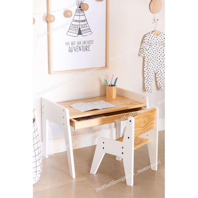Bàn ghế gỗ cho bé từ 6m-7 tuổi, bộ bàn ghế montessori cho trẻ em 3 nấc chiều cao