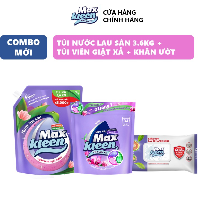 Combo MaxKleen: Túi Lau Sàn 3.6kg Ngàn Hoa Ngọt Ngào + Túi Viên Giặt Xả Mới + Khăn Ướt Lau Bề Mặt Đa Năng