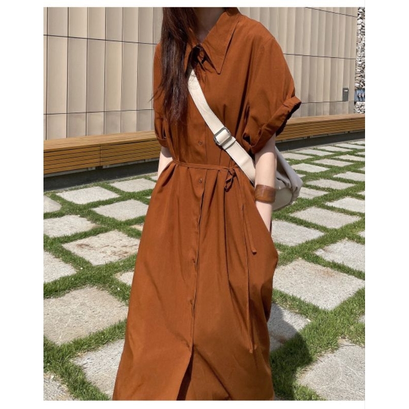 Đầm Sơ Mi Ngắn Tay Dáng Suông Cam Đất Có Túi Hai Bên Kèm Dây Cột Eo Điệu Style Ulzzang Kèm Video Thật