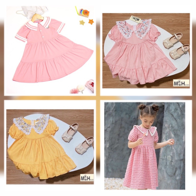 SP001996 Váy đũi cộc tay bé gái, đầm cổ sen hoạ tiết cho bé, váy thô tầng xoè phối cổ hoa trẻ em, vải lanh đũi 8929 9022