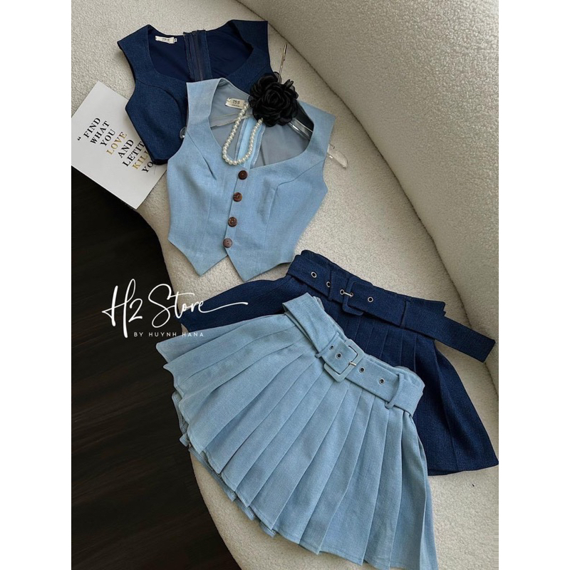 SÉT ÁO DENIM BA LỖ CHÂN VÁY XẾP LY NỊT NĂNG ĐỘNG TRẺ TRUNG