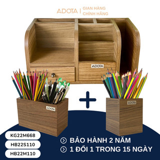 Combo: Kệ gỗ cao cấp, hộp cắm bút đơn và hộp cắm bút đôi để bàn decor bàn làm việc phong cách hiện đại ADOTA