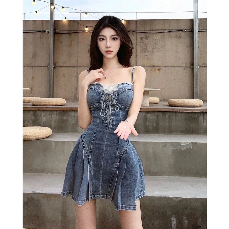 UV008 Đầm jeans Denim Váy bò 2 dây xếp ly sexy  tôn dáng bó eo siêu đẹp đi chơi mẫu mới  rút dây hot