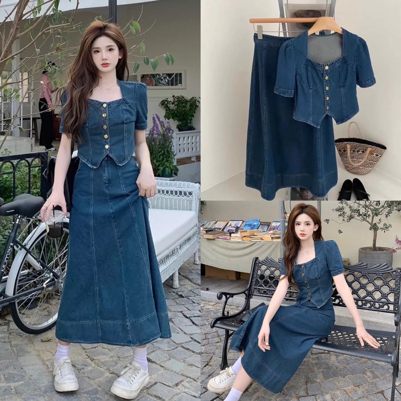 Set Áo Jean Cổ U Kèm Chân Váy Jean Dài (hàng QCCC) loại 1, Set Denim Mới 2023