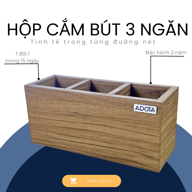 Hộp cắm bút 3 ngăn bằng gỗ, ống đựng bút để bàn làm việc 3 ngăn cao cấp phong cách sang trọng ADOTA HB22L110