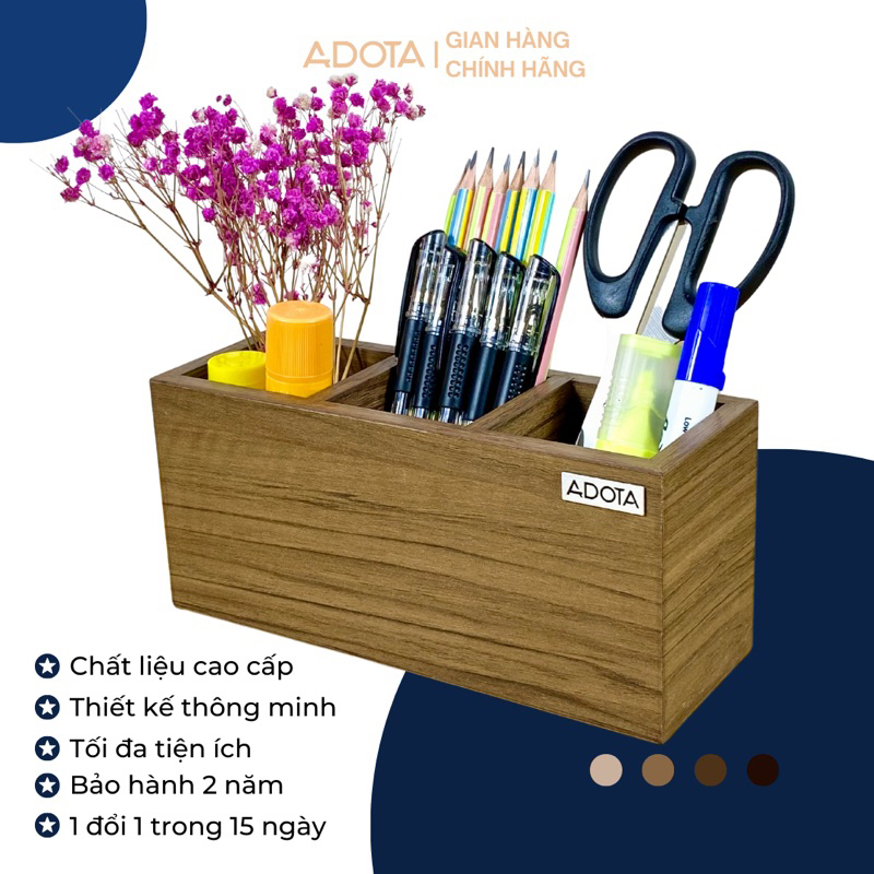 (Bán chạy) Hộp cắm bút 3 ngăn để bàn, hộp đựng bút và văn phòng phẩm gỗ MDF siêu bền ADOTA mã HB22L110