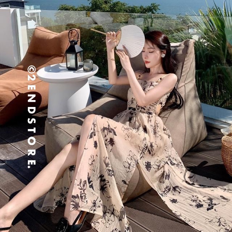 2END Váy 2 dây tơ nhẹ hoạ tiết Retro/Vintage cut-out eo