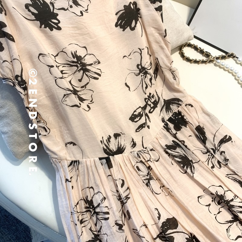 2END Váy 2 dây tơ nhẹ hoạ tiết Retro/Vintage cut-out eo