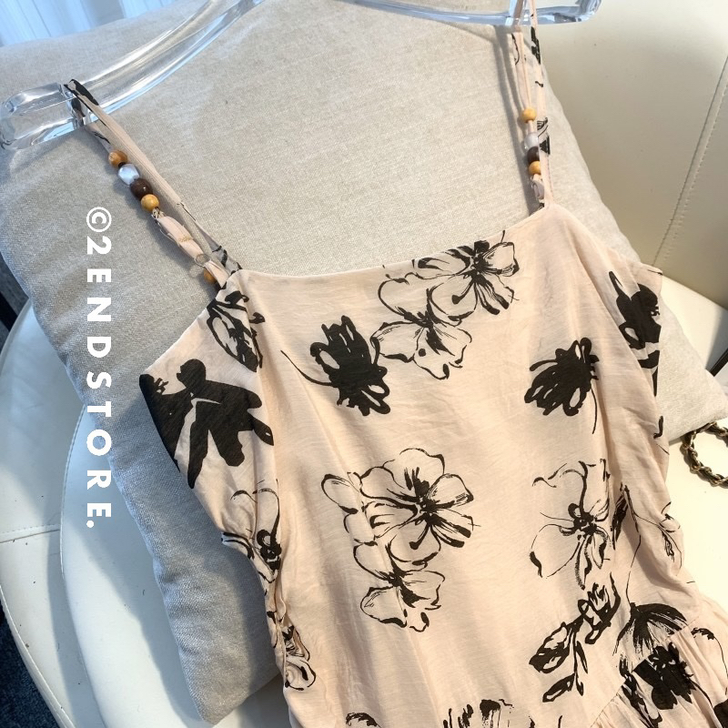 2END Váy 2 dây tơ nhẹ hoạ tiết Retro/Vintage cut-out eo