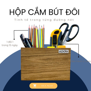 Hộp cắm bút đôi bằng gỗ, ống đựng bút để bàn làm việc cao cấp phong cách sang trọng ADOTA HB22M110