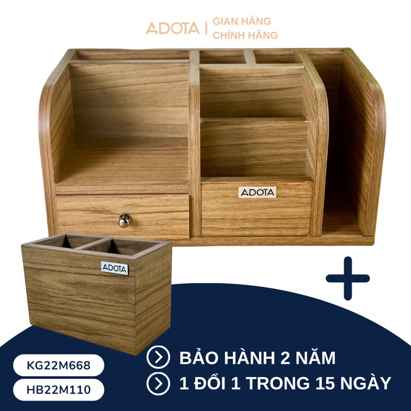 Combo: Kệ gỗ để bàn KG22M668 và hộp cắm bút đôi HB22M110 bằng gỗ để bàn làm việc cao cấp phong cách sang trọng ADOTA