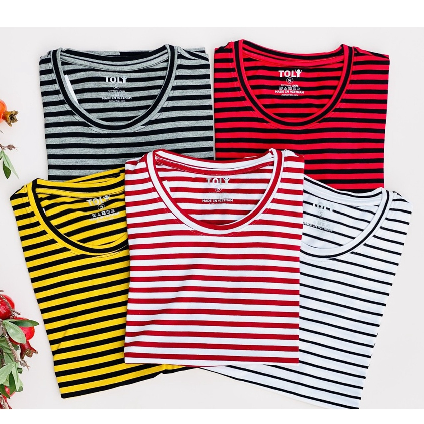 Áo thun nữ TOLI cổ tròn tay ngắn, dáng ôm nhẹ, vải Cotton co dãn mềm mịn, màu sọc, hàng chính hãng cao cấp [Tr-15B]
