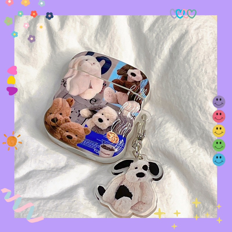 Case ốp lưng Airpods viền lượn hoạ tiết 🐶 Thú Nhồi Bông 🧸+ dây chain