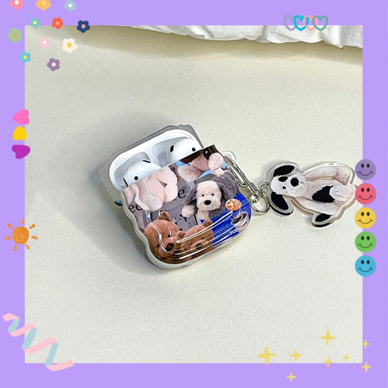 Case ốp lưng Airpods viền lượn hoạ tiết 🐶 Thú Nhồi Bông 🧸+ dây chain