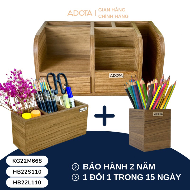 Combo kệ gỗ cao cấp, hộp cắm bút đơn và hộp cắm bút 3 ngăn để bàn decor bàn làm việc phong cách hiện đại ADOTA