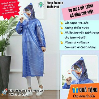 Áo mưa 1 người trong suốt vải nhựa PVC dẻo chống thấm, thiết kế bít hông không xẻ tà, Có kính che mặt chắn nước mưa