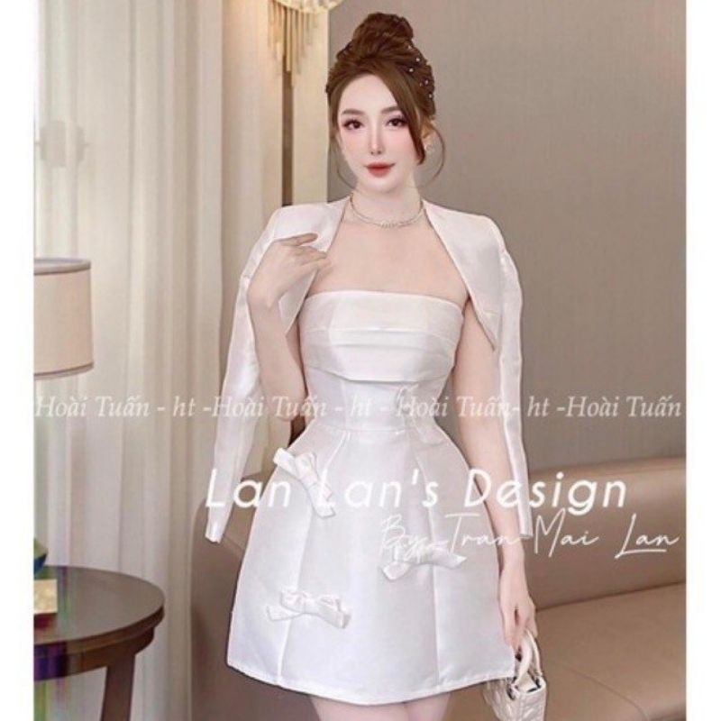 Váy đầm trắng dự tiệc đám cưới sự kiện taffta cúp ngực kèm khoác đính tag nơ (có mút ngực) Vip 139