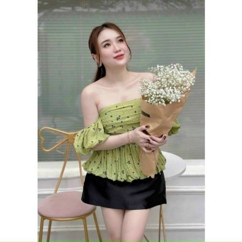 Áo Trễ Vai Nhún Lưng Đũi Hoa