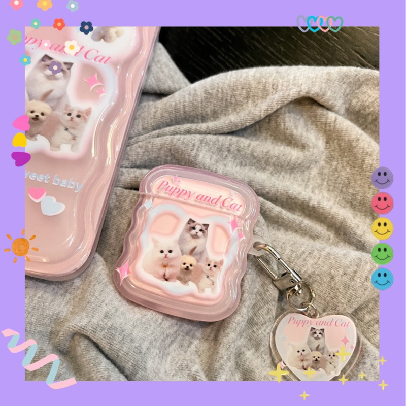 Case ốp lưng Airpods viền lượn 🌸 tone hồng mèo Puppy 🐱+ dây chain (1/2/3/pro/pro2)