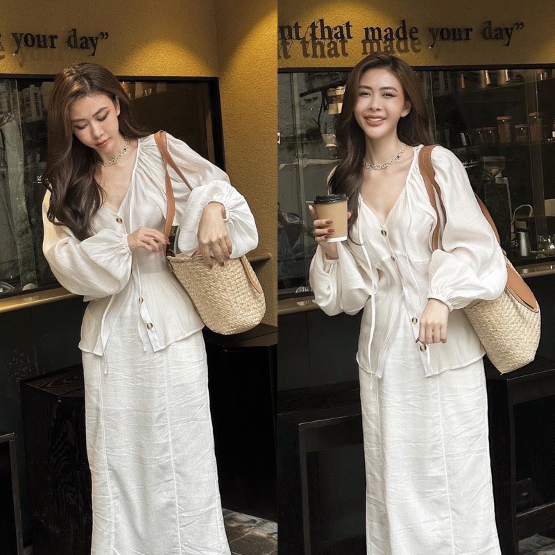 (Sẵn Hoả Tốc) Set Áo Tơ Kèm Chân Váy Midi Chất Liệu Linen Cao Cấp Vintage Thời Trang Nữ