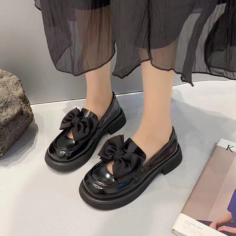 Giày búp bê nữ lolita phối nơ chât da bóng siêu xinh mã 1012