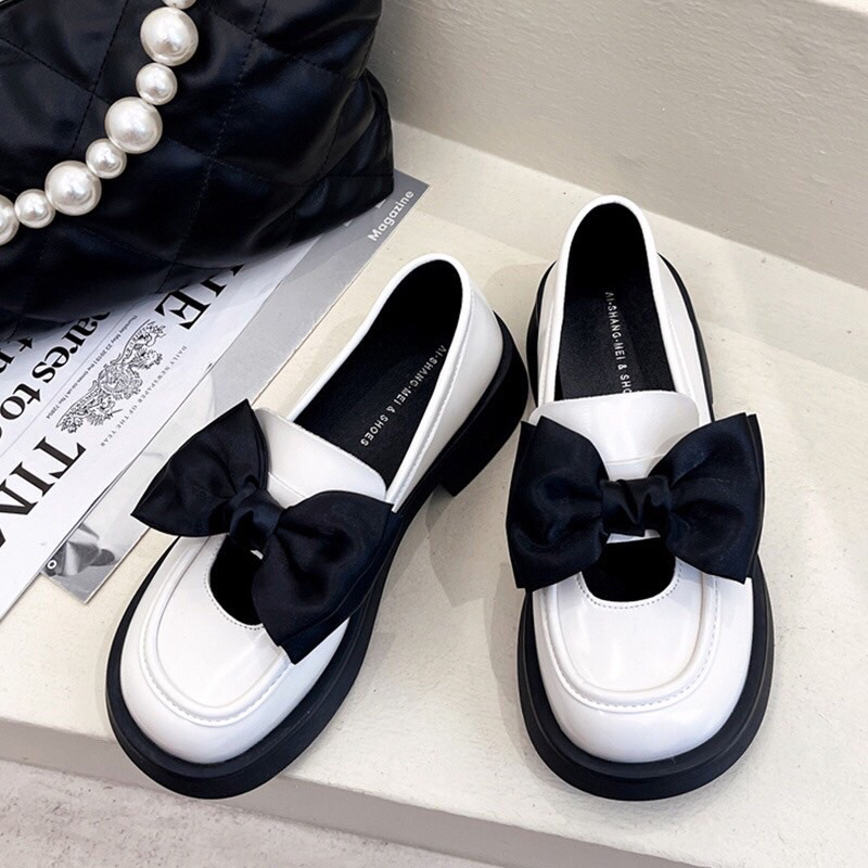 Giày búp bê nữ lolita phối nơ chât da bóng siêu xinh mã 1012