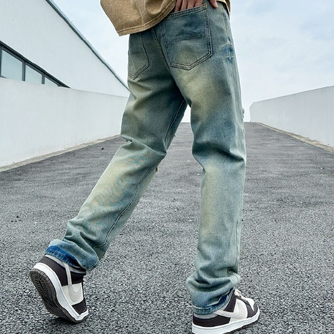 Quần jean nam ống rộng phối rách họa tiết ngôi sao phong cách unisex, quần bò nam ống suông thời trang Hàn Quốc 2023