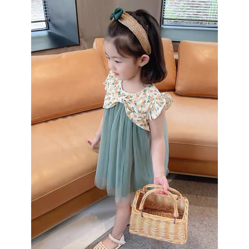 Váy công chúa nơ hoa nhí phối lưới xanh xinh xắn - Tocxumi