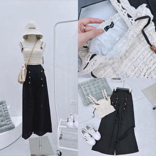 Set áo 2s ren mix quần xuông be m, Áo 2 dây bản to mix dây nâu quần suông