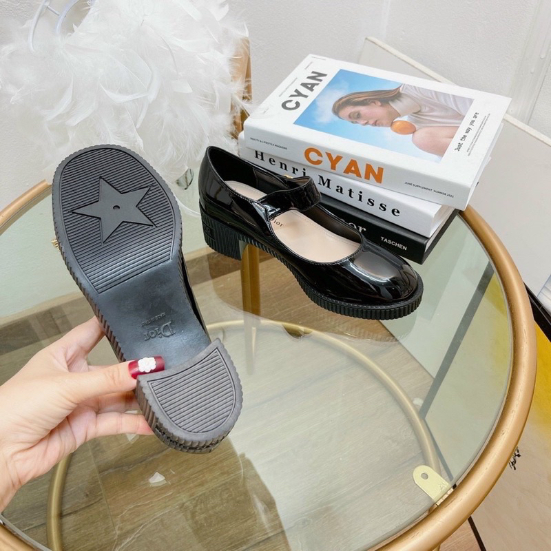Giày gót vuông CD chất da bóng mềm đế cao 5cm