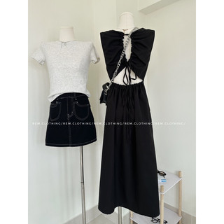 Đầm linen/ sát nách đen rút dây Rem-made