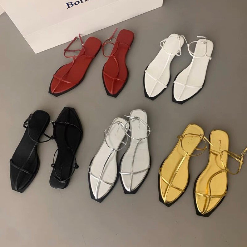 Sandal nữ mùa hè mũi nhọn quai mảnh chữ T đế bệt có khoá cài
