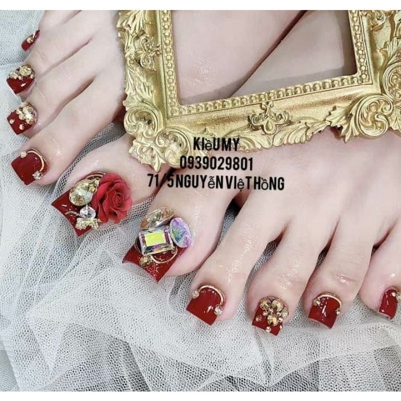 Móng úp chân đỏ chery đỏ nâu đỏ tươi 11 kiểu mẫu Mã số AMC03 tặng keo dán móng