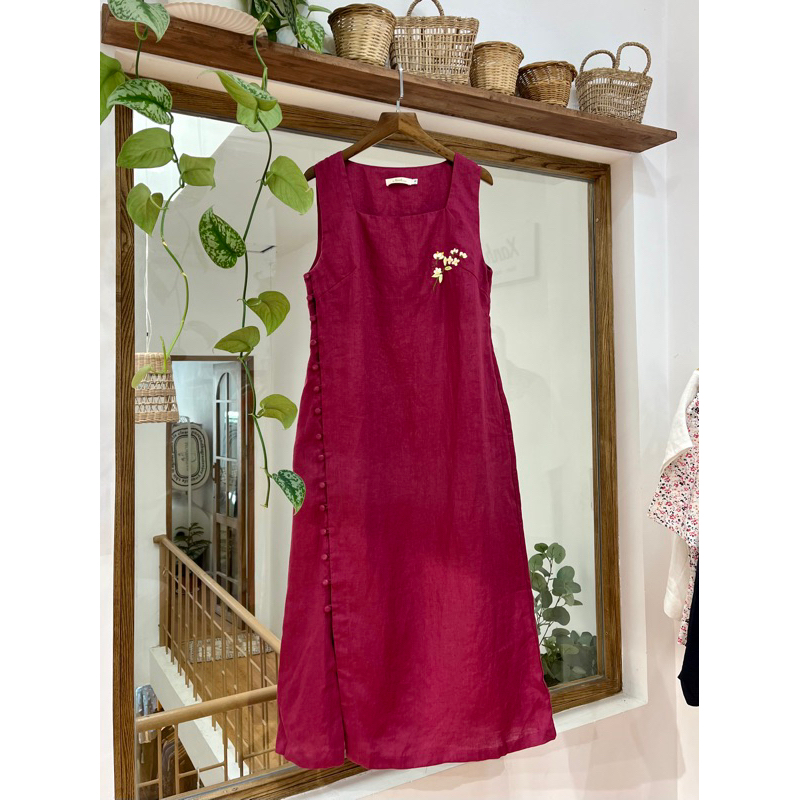 Đầm linen thêu hoa bưởi trắng