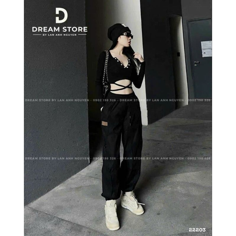 Áo thun croptop nút dây cuốn cổ tim tay dài A15