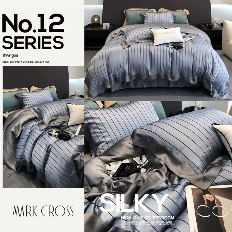 Bộ Chăn Ga Tencel 100s xuân hè Markcross 2023 phối viền nghệ thuật cực mềm mát