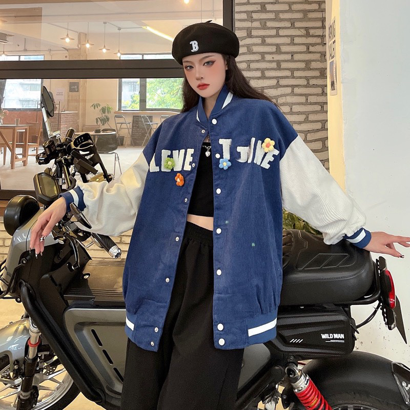 Áo bomber nhung thêu chữ unisex nam nữ