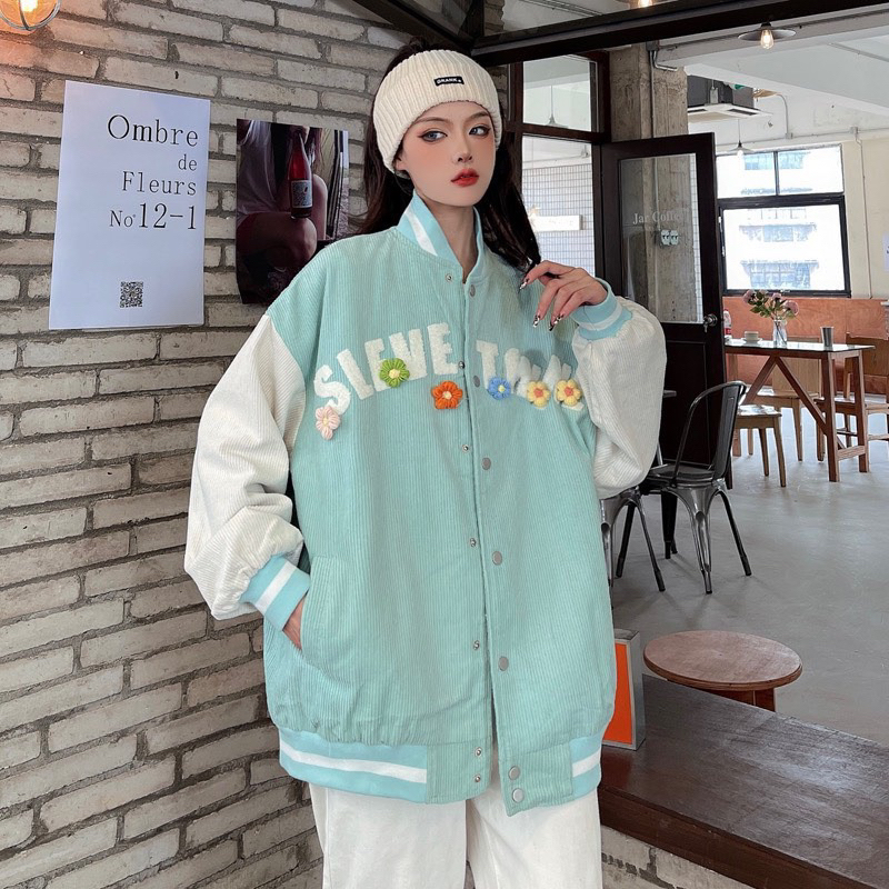Áo bomber nhung thêu chữ unisex nam nữ