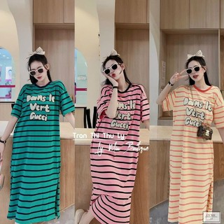 S09 Đầm Suông Sọc Màu In Chữ Đơn Giản Dễ Thương