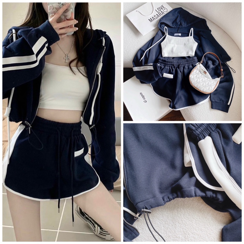 SET 3 MÓN THỂ THAO : KHOÁC NÓN KÈM CROP 2S TRẮNG SHORT 💦