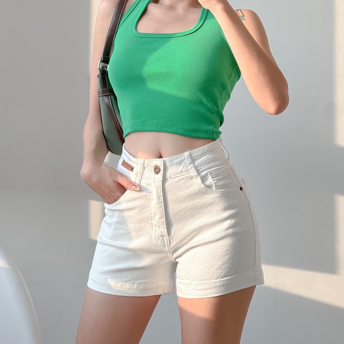 Quần đùi short jeans trắng lưng siêu cao tôn dáng co giãn 4 chiều ôm eo thoải mái mẫu thiết kế HQJeans HQ101