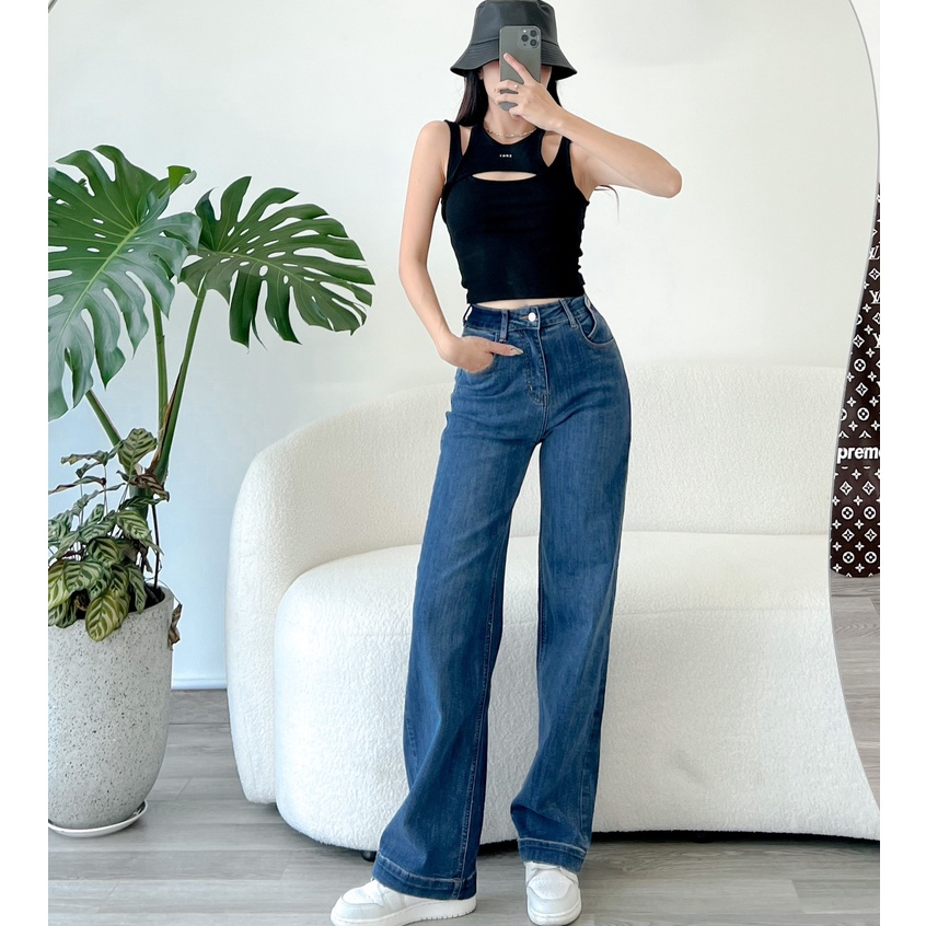 Quần jeans ống suông lưng cao ôm dáng tag v dáng dài lai 3 phân co giãn mẫu thiết kế mới HQJeans HQ102