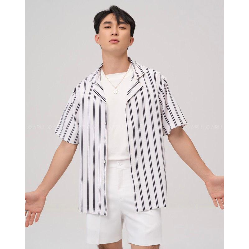 Áo Sơ Mi MARU Tay Ngắn Kẻ Sọc Cổ Danton. MARU Cuban Shirt Có 2 Màu Đen Sọc Và Trắng Sọc.
