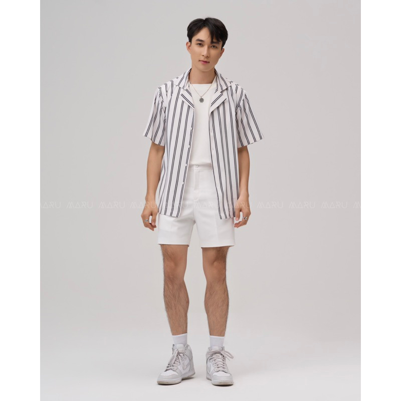 Áo Sơ Mi MARU Tay Ngắn Kẻ Sọc Cổ Danton. MARU Cuban Shirt Có 2 Màu Đen Sọc Và Trắng Sọc.