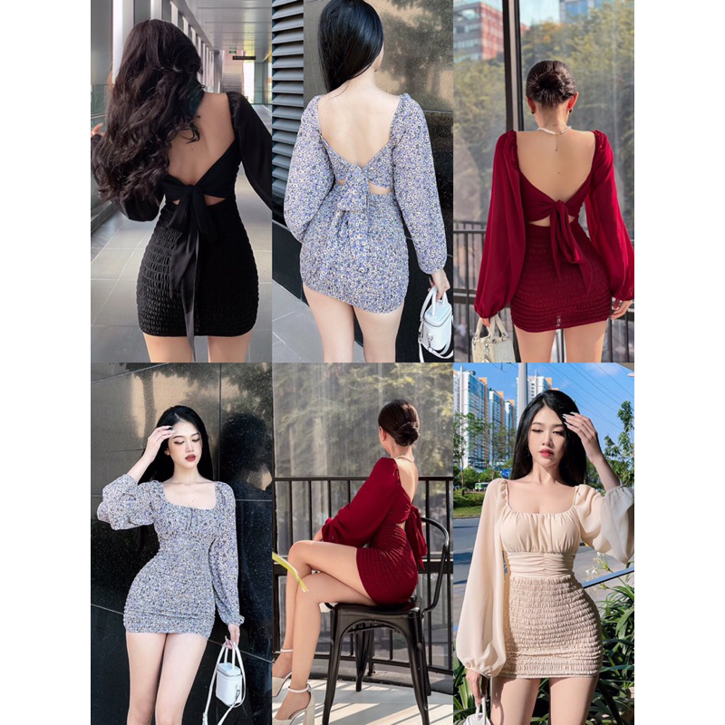 (Hình thật sản phẩm ) Đầm body tay dài cổ vuông sexy nhún ôm tôn dáng sang chảnh Yn Hm2tboutique