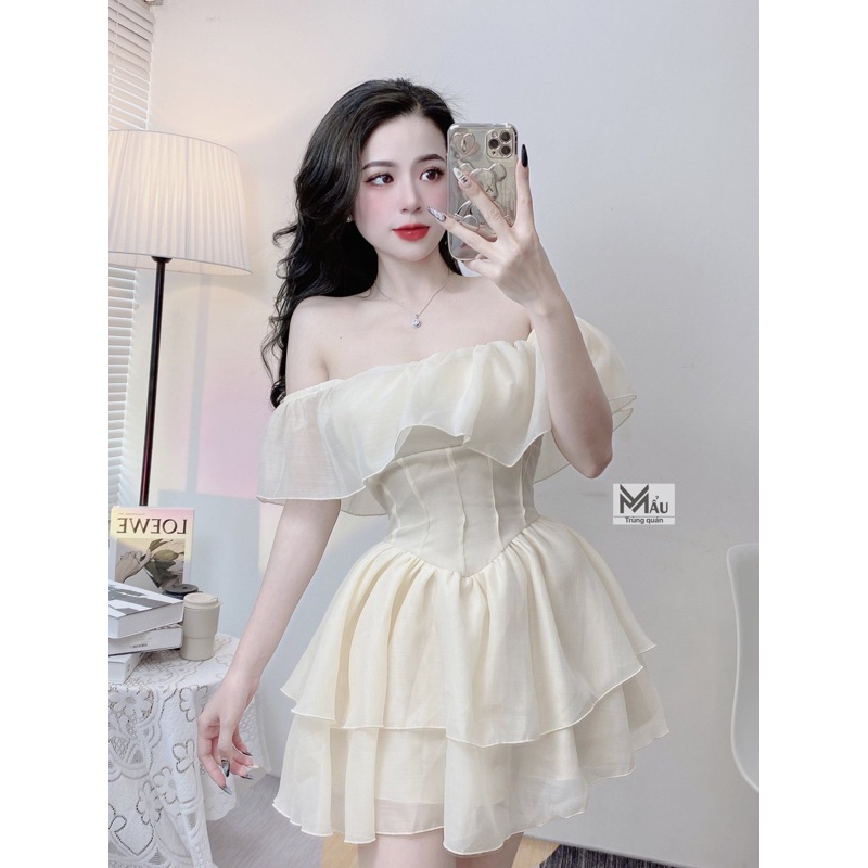 Váy tơ trễ vai tay xoè