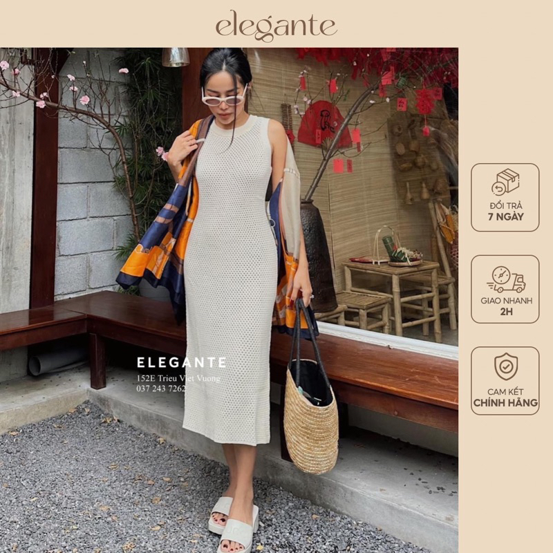 Váy len móc sát nách đi biển Elegante 77100201 màu kem co giãn